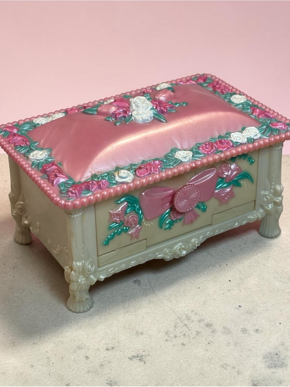Pink Floral Jewelry Trinket Box with Bow Accent